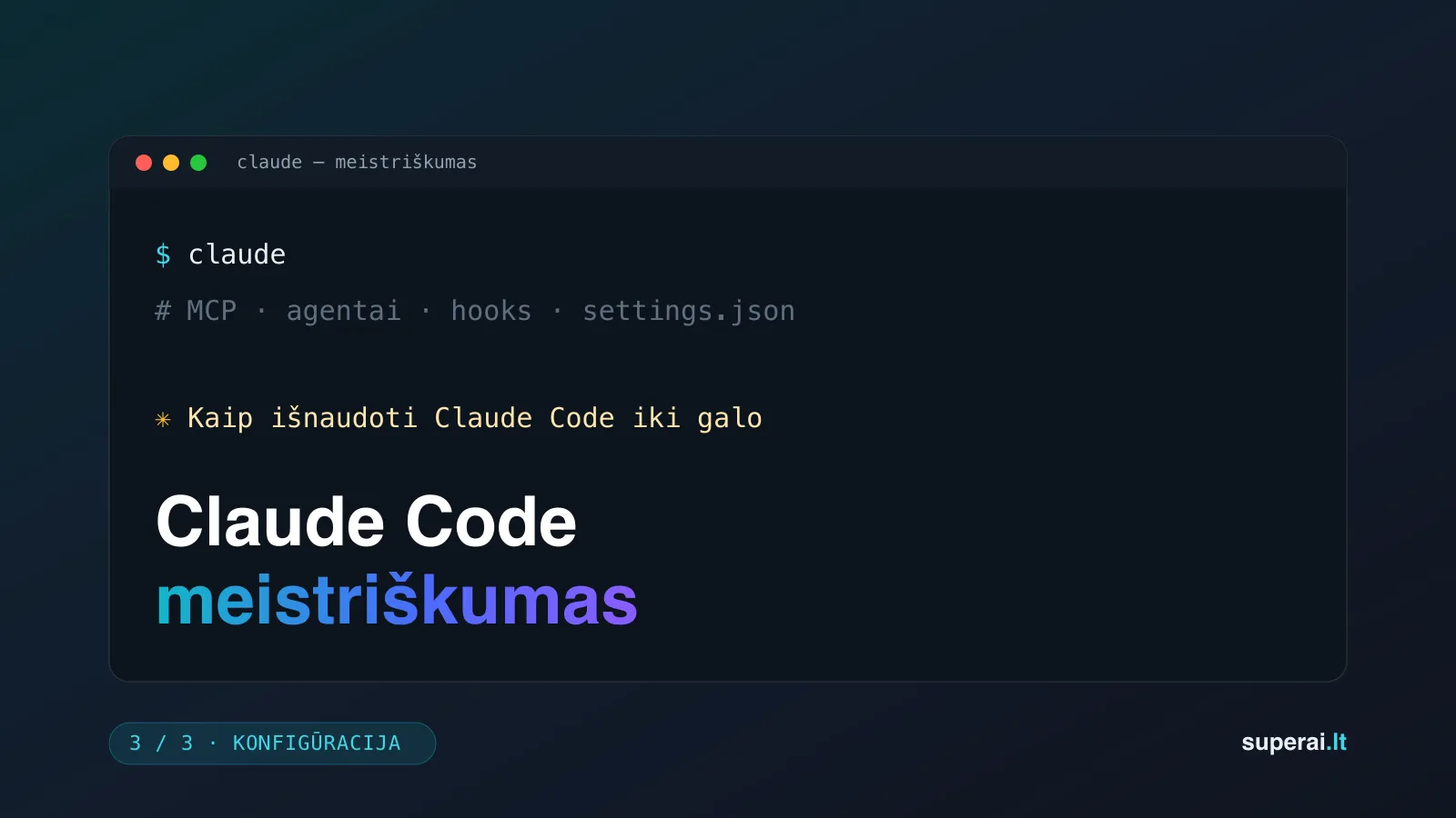 Claude Code meistriškumas, 3 dalis — konfigūracija. Terminalo lango stiliaus viršelis.