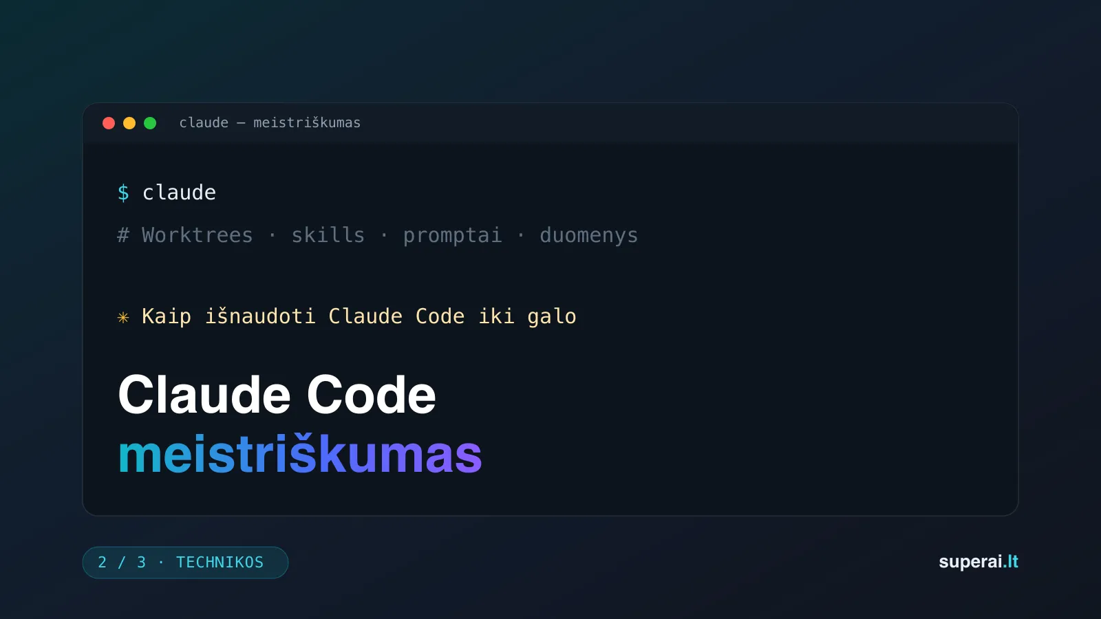 Claude Code meistriškumas, 2 dalis — technikos. Terminalo lango stiliaus viršelis.