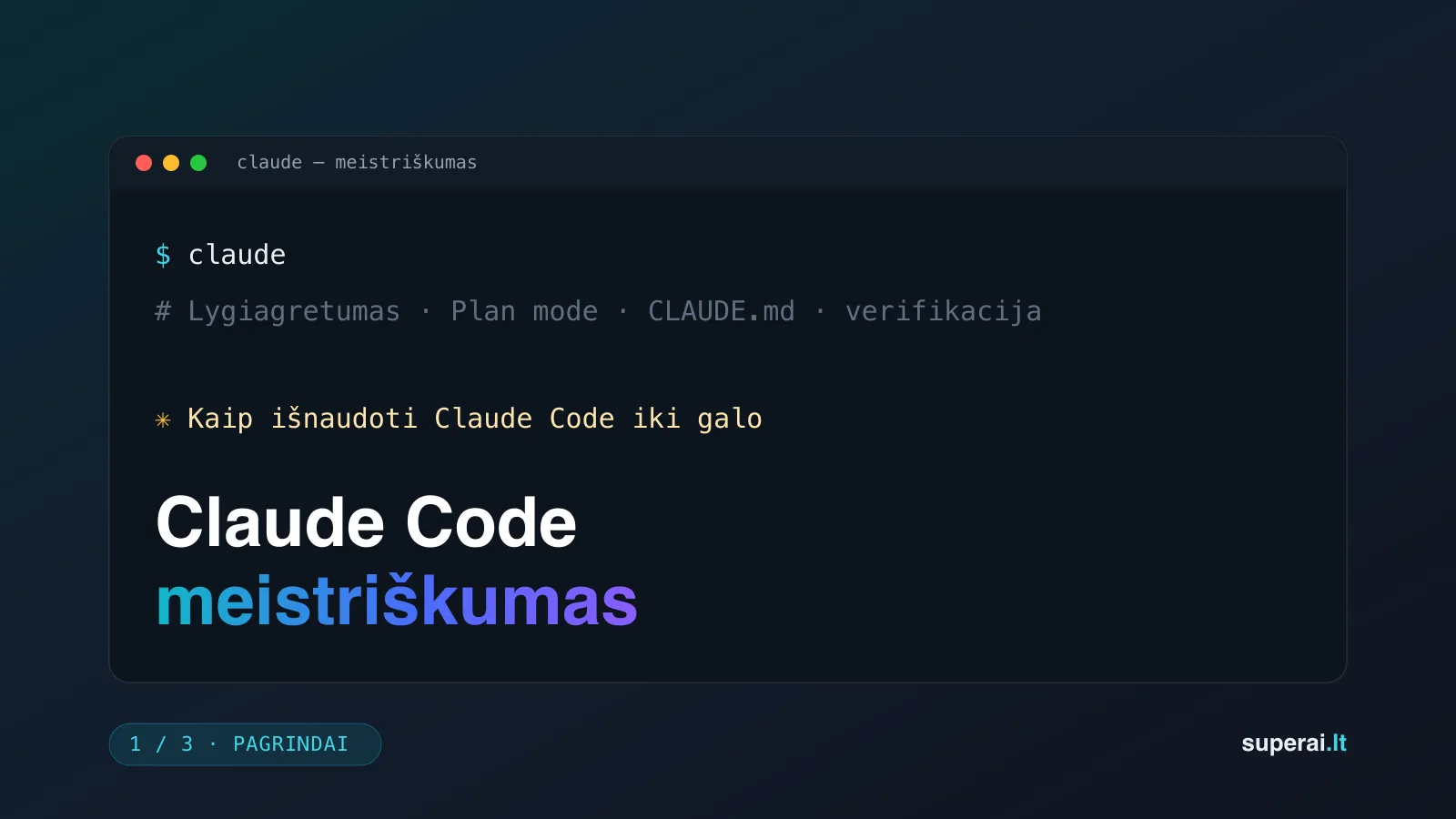 Claude Code meistriškumas, 1 dalis — pagrindai. Terminalo lango stiliaus viršelis.